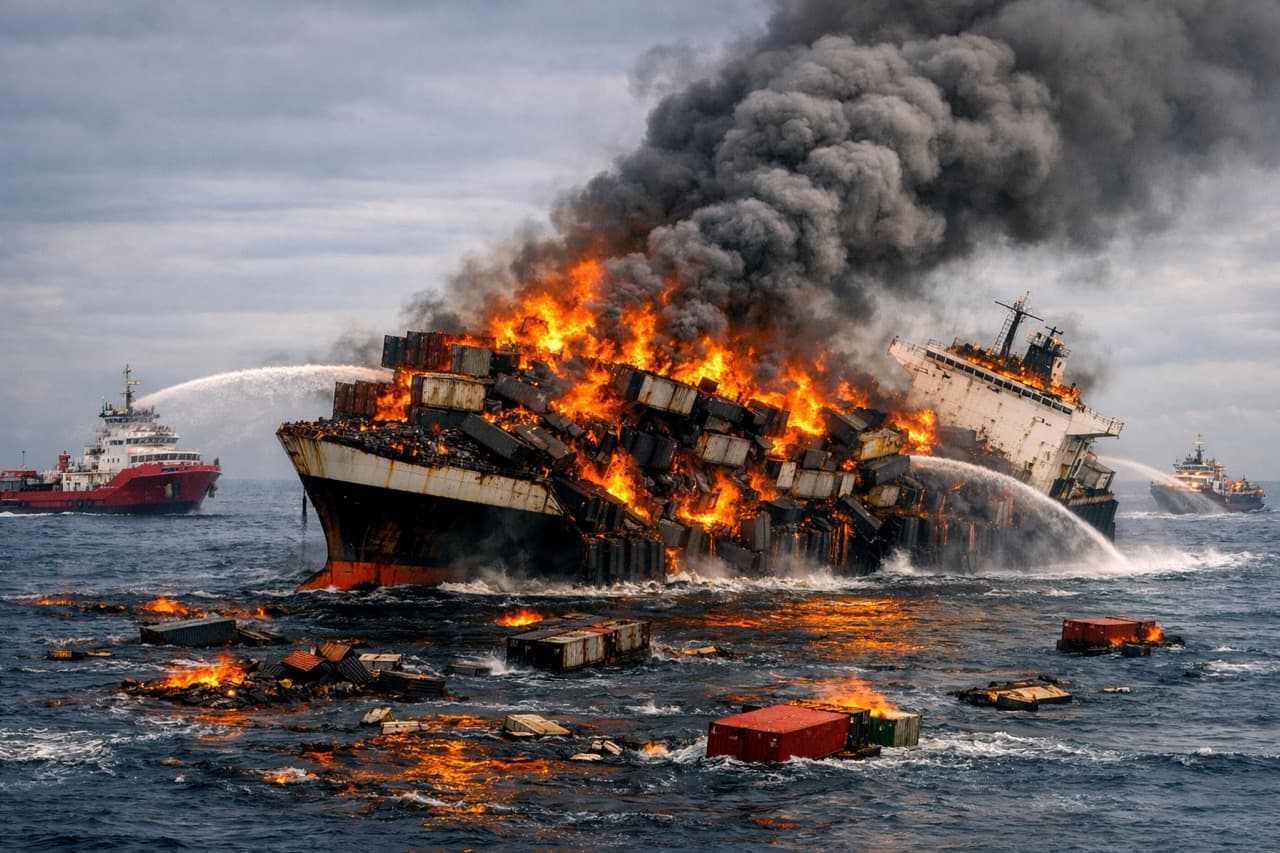A container ship ablaze and listing at sea, cargo spilling into the water as tugs fight the fire